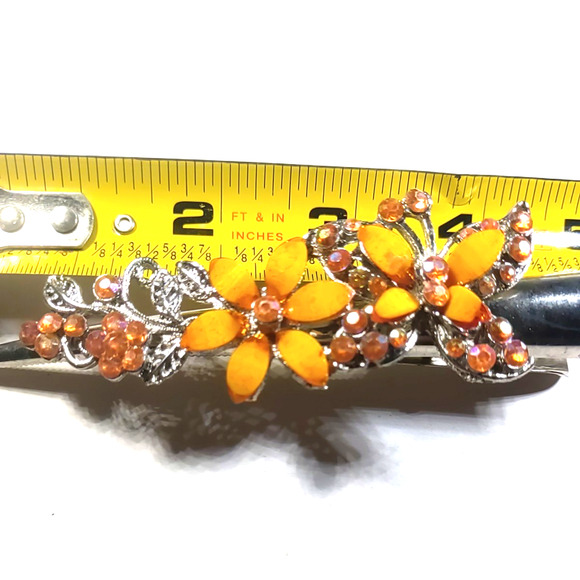 Hair Barrette Clip Large Silver Tone Orange Butterfly Flower Rhinestone - Picture 5 of 8